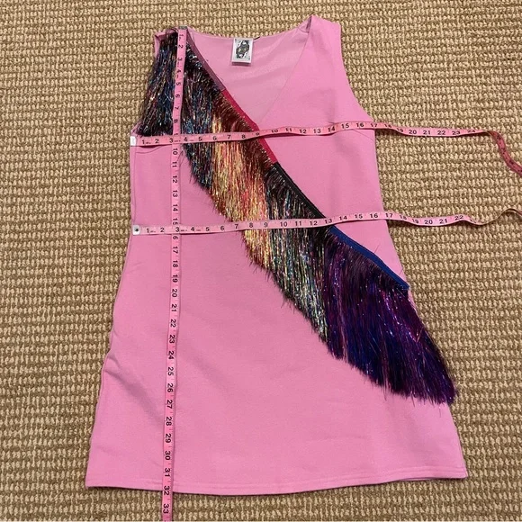 Queen of Sparkles Diagonal Metallic Pink Fringe Dress Small - Picture 8 of 13
